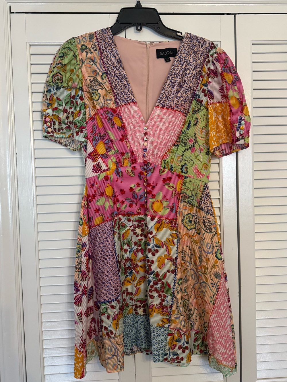 SALONI Pink Multi Patchwork V-Neck Floral Mini Dress